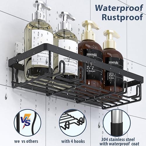 Liuoud 5 Pack Shower Caddy Organizer Rack Shelf for Inside Shower, Adhesive Bathroom Wall Storage Basket Rustproof Stainless Steel Shampoo Holder, Bathroom Accessory Decor Set, Black. thumbnail 5