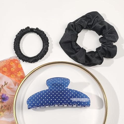 Acetate Hair Claw Clip for Women, 3.8-Inch Blue Polka Dot Big Hair Clips Strong Hold No Slip Claw Clips for Thick or Thin Hair, Includes 2 Black Satin Scrunchies thumbnail 5