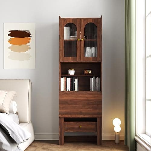 LUMISOL Fold-Out Home Office Desks Writing Table with Glass Doors, Drawers, Bookshelf & Storage Shelves, Modern Wooden Convertible Workstation for Work, Study, Walnut thumbnail 3
