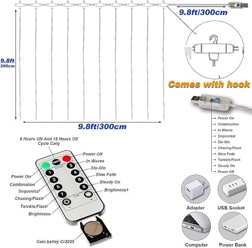 Honche 300Led Fairy Curtain String Lights 10x10ft with Remote Window Lights for Bedroom Wedding Party Festive Season Propose Christmas Decoration(Warm White) thumbnail 2