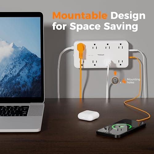Power Strip with Surge Protection, TESSAN Flat Plug Extension Cord with 8 Outlets 3 USB Ports(1 USB C), 1080 Joules, 6 Ft, Wall-Mounted Charging Station for Apartment Office Dorm Room Essentials thumbnail 6