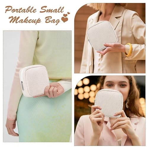 Small Makeup Bag for Purse – Mini Travel Cosmetic Pouch with Metal Zipper, Compact Corduroy Mini Makeup Bag for Cosmetics, Jewelry, Cables – Cute and Vintage Design, Beige thumbnail 4