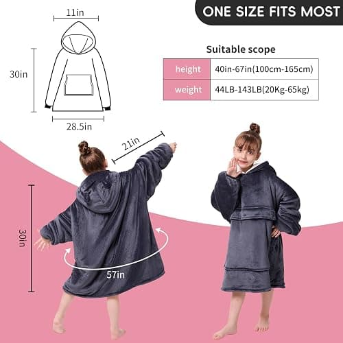 yescool Wearable Blanket Hoodie Kids, Oversized Blanket Sweatshirt with Sherpa Teen Girl Gifts for Kids, Youth, Boys, Girls, 8-15 Year Old Girl Boy Gift Warm Teen Wearable Blankets, One Size, Grey thumbnail 4