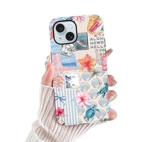 Vulfwela Summer Phone Case for iPhone 15, Cute Aesthetic Coastal Beach Ocean Collage Case, Coquette Hibiscus Flower Seashell Design, Slim Shockproof Protective Preppy Cover Funda for Women Girl thumbnail 9