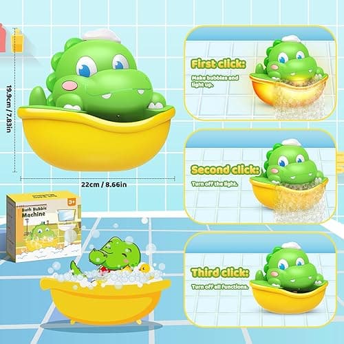 Bath Toys,Light-Up Bath Bubble Machine Automatic Bubble Maker Bathroom Toy for Kids Ages 1-3 4-8 Toddler Bathub Toy Dinosaur Toys for Kids 3-5 - Green thumbnail 5