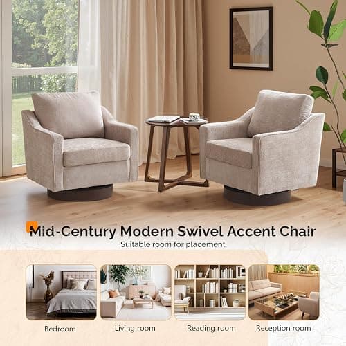 Bonnlo 360° Swivel Armchair, Comfy Accent Chair, Thick Cushion Tub Chair | Mid-Century Armchair with Pillow & Walnut Base, Comfortable Armchair for Living Room, Apartment, Office, Khaki thumbnail 9