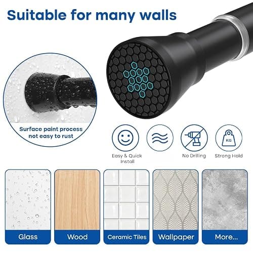 QINGYUN Black Tension Curtain Rod 28 to 48 Inch Spring Rod No Drilling Adjustable Shower Curtain Rod for Windows, Bathrooms, Closet, Kitchen - 28" to 48"-1Pcs - Black. thumbnail 5