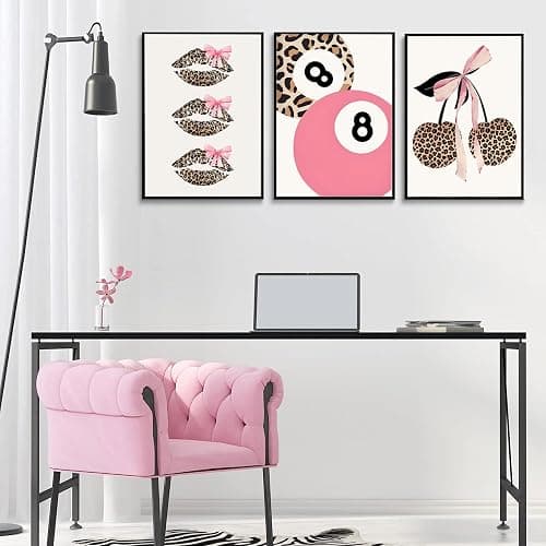 Trendy Pink Leopard Bow Wall Art Set of 3 Funky Cherry Lucky 8 Ball Posters Prints Cute Coquette Preppy Room Aesthetic Wall Decor Pictures for Girls Bedroom Apartment Dorm Unframed 12x16in thumbnail 6