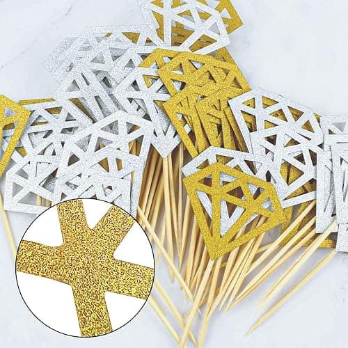 60 Pack Glitter Diamond Cupcake Toppers for Bridal Shower Engagement Wedding Party Birthday Diamond Ring Topper for Donuts Diamond Donut Picks Cake Decorations Dessert Supplies (Silver + Gold) thumbnail 6