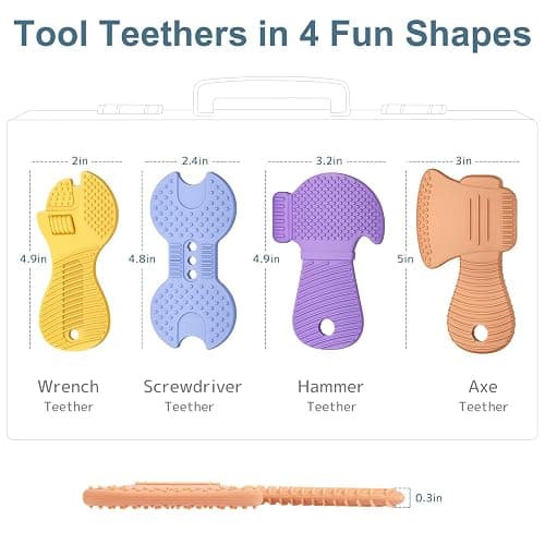 Baby Tool Teether Set, 4 Pack Silicone Textured Teething Toys for Boys 3–12 Months, Wrench Screwdriver Hammer Axe Chew Toys for Teething Relief, Newborn Infant & Toddler Baby Stuff thumbnail 2