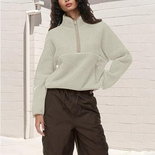 Zip Up Hoodie Women Fuzzy Fleece Womens Half Zip Pullover Soft Warm Cropped Sweatshirt Y2k Fall Winter Sweaters Beige M thumbnail 2