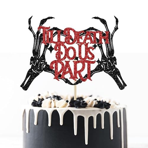 Till Death Do Us Part Cake Topper, Gothic Halloween Wedding Decorations, Bride or Die, Halloween Wedding Engagement Bachelorette Party Decorations, Black and Red Glitter - Image 1