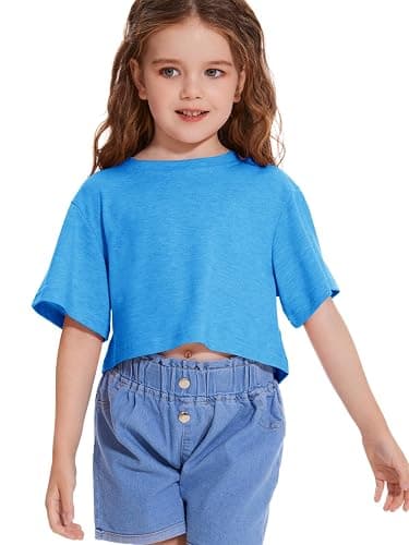 Girls Short Sleeve Crop Tops Kids Fashion Oversized Cute Crew Neck Cropped Athletic T Shirts Trendy Boxy Tee - Lake Blue - 13-14 Years thumbnail 5