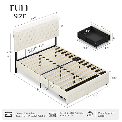Belffin Full Bed Frame with Storage Drawer and Diamond Adjustable Tall Headboard, Modern Velvet Platform Bed Frame with Wingback Design, No Box Spring Needed, Easy Assembly, White thumbnail 2