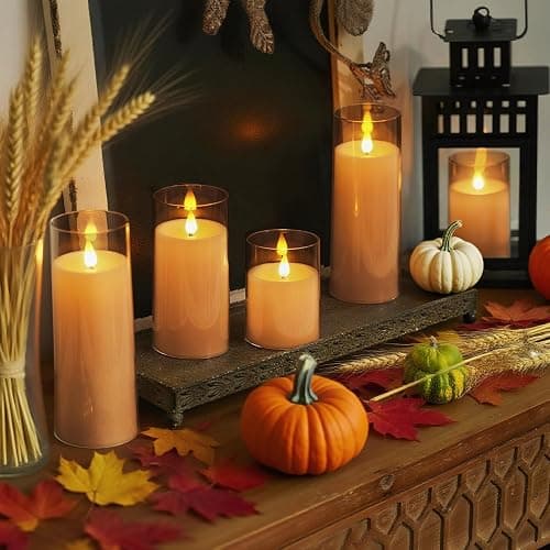 Homemory Amber Flickering Flameless Candles, Battery Operated Acrylic LED Pillar Candles with Remote Control and Timer, Fall Candles, Set of 5 thumbnail 2