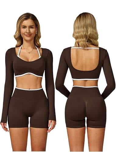 QBGJTD Womens Workout Sets Two Piece Seamless Color Block Long Sleeve Top High Waist Shorts Fall Winter Gym Work Out Clothes - Image 1