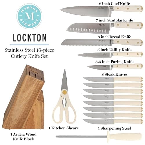 Martha Stewart Knife Block Set 16-Piece - Lockton High Carbon Stainless Steel Forged Full Tang Chef Knives, Acacia Wood Block, Triple Riveted Handles, Linen White & Gold thumbnail 3
