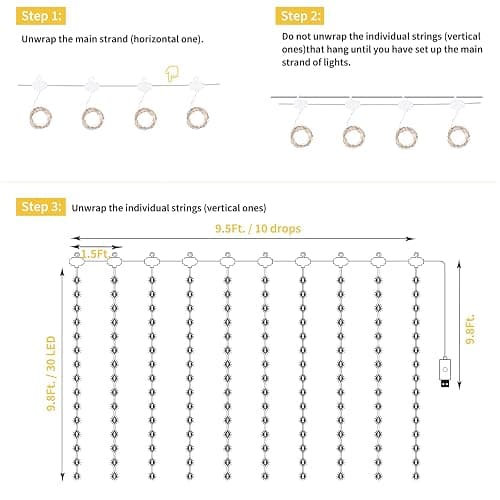 Curtain Lights, 300 LED Dimmable Fairy Lights with Remote and Timer, 8 Modes, USB Powered String Lights for Room Wall Party Xmas Indoor Decor, Warm White, 2 Pack - Warm White - 2 Pack thumbnail 6