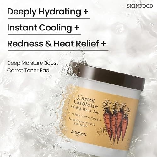 SKIN FOOD since 1957 Carotte Carotène Calmant Tampon d'eau 250g (8.81 oz.) 60 Sheets - Tampons en coton apaisants pour le visage anti-rougeurs pour peau sensible, végétalien, sans cruauté thumbnail 3