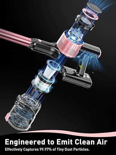 VICEASE Cordless Vacuum Cleaner, 8 in 1 Powerful Suction Lightweight Vacuum Cleaner for Home, LED Display, 3 Suction Modes, 45Mins Detachable Battery Vacuum for Hard Floor Carpet Pet Hair, Pink thumbnail 5