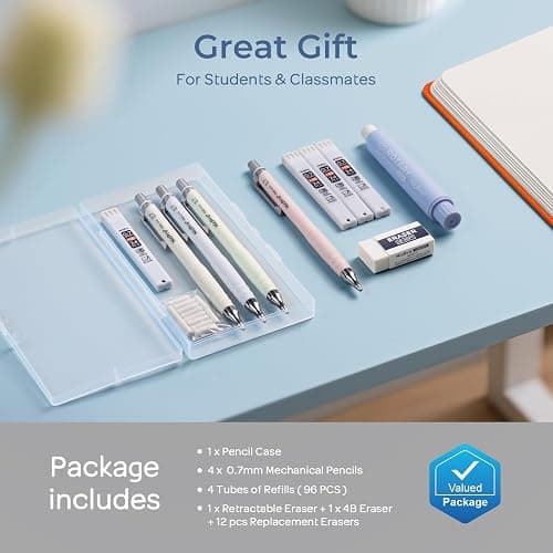 Nicpro Cute Mechanical Pencil Set, 4PCS 0.7mm Pastel Drafting Pencils with 4 Tube HB Lead Refills, 4B Erasers, Rotary Retractable Eraser and Eraser Refill for Writing Sketching Back to School Supplies thumbnail 7