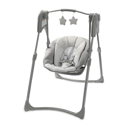 Graco Slim Spaces Compact Baby Swing, Space Saving Portable Bay Swing with Height Adjustable Legs & Soft Toys, Reign - Image 1