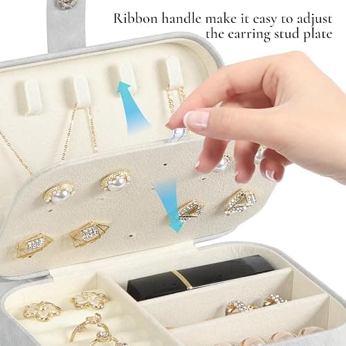 Travel Jewelry Box, PU Leather Small Jewelry Organizer for Women Girls, Portable Mini Travel Case Display Storage Holder Boxes for Stud Earrings, Rings, Necklaces, Bracelets (Grey) thumbnail 5