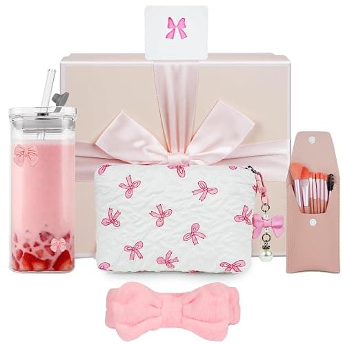 AUYAO Gifts for Girls Teenage Women Christmas Birthday Gift Set Coquette Pink Bow Gift Set with Glass Cup with Lid and Straw Headband Makeup Brushes Cosmetic Bag Greeting Card Unique Presents thumbnail 9