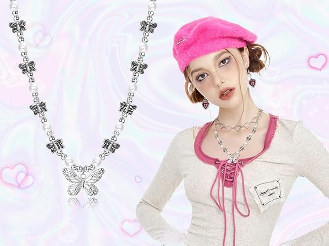 Subiceto 33Pcs Grunge Vintage Punk Necklace Jewelry Set Gothic Earrings Fairy Butterfly Boho Crystal Y2k Cross Pendent Butterfly Heart Choker Goth Stackable Knuckle Rings Adjustable Y2k Accessories for Women Men thumbnail 7