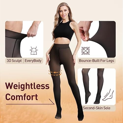 JIZ Translucent Fleece Lined Tights Women, Thermal Tights for Women, Pantyhose Leggings, Warm Sheer Tights for Women Winter (Small, Dark Black) thumbnail 6