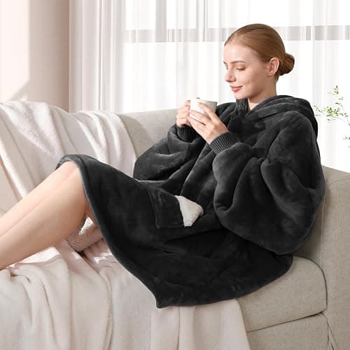 Touchat Wearable Blanket Hoodie, Oversized Sherpa Blanket Sweatshirt with Hood Pocket and Sleeves, Gifts Hooded Blanket for Adult Women Men (Black) thumbnail 2