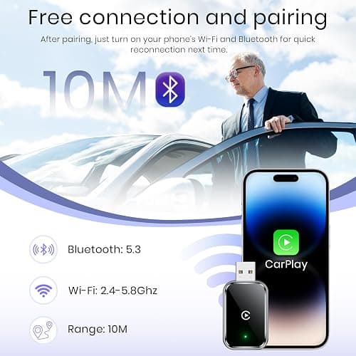 Wireless CarPlay Adapter for iPhone, Convert Wired to Wireless CarPlay Adapter, Mini Size with Extension Cable USB & USB-C/Type-C, Stable Car Control & No Delay, Black thumbnail 4