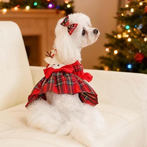 FLAdorepet Reindeer Dog Christmas Dress with Hair Bow,Pet Cat Antler Costume Holiday Outfits,Classic Red Plaid Puppy Skirt Dresses Clothes for Small Medium Dogs Girl,L thumbnail 2