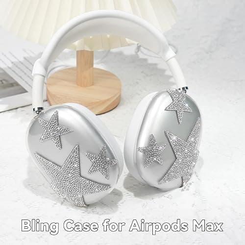 Bling Case Cover for AirPods Max, [5 in 1] Silicone Clear Sparkling Soft TPU Earcup/Ear Pad Case/Headband Cover Glittering Rhinestones Stars Accessories for Apple AirPods Max New USB-C (2024), White thumbnail 3