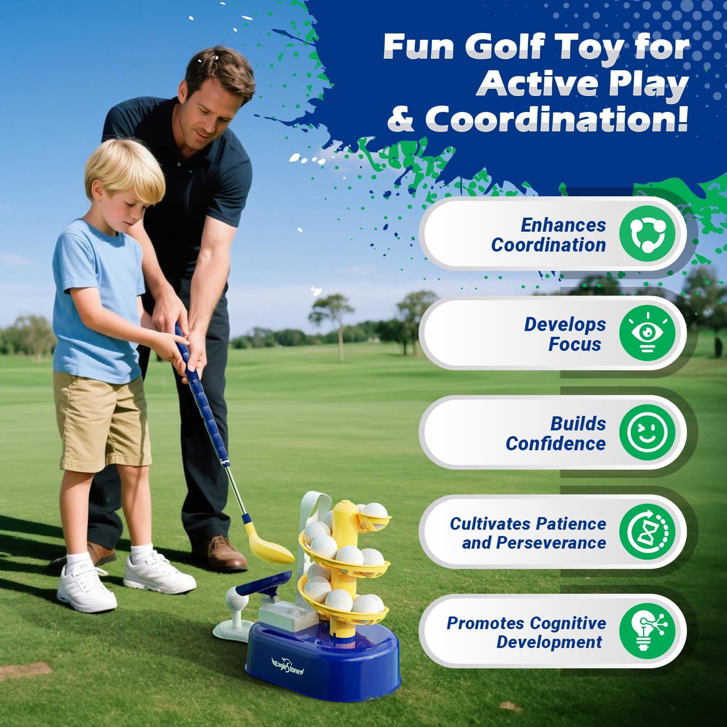 Eagle Stone Kids Golf Toys Set Outdoor Lawn Sport Toy with 15pcs Training Golf Balls & Clubs Equipment, Indoor Exercise Game, Portable Outside Yard Active Gifts for 3 4 5 6 7 8 Year Olds Boys Girls thumbnail 2