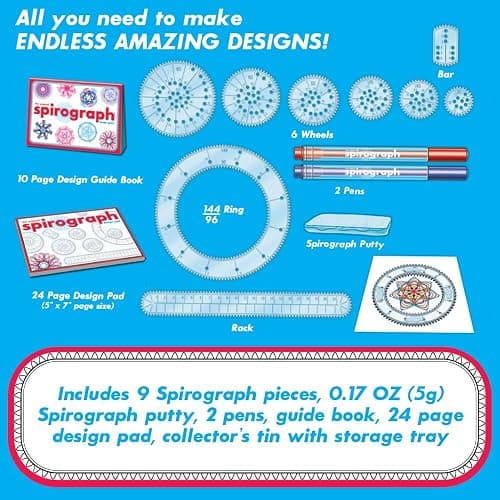 Spirograph Design Set Collectors Tin – Arts and Crafts, Kids Toys, Art Supplies, Craft Supplies, Drawing Kit, Spiral Art, Classic Gear Design Kit, Pens, Design Sheet Included, Ages 8 and Up thumbnail 4