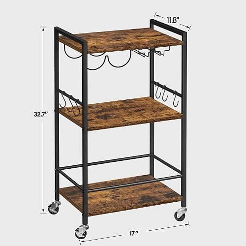 TUTOTAK Bar Cart with Wheels, Mini Drink Cart with Wine Rack & Glass Holder | 3-Tier 17 Inch Wide Home Bar Serving Carts, Small Mobile Kitchen Shelf with 6 Hooks, Rustic Brown BC01BB035 thumbnail 2
