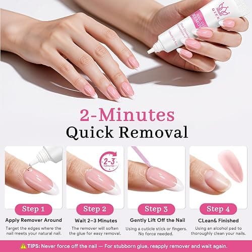 QIEK No-Lamp Nail Glue & Remover Set for Press Ons, 10ml Quick Dry 28 Days Super Strong Hold Glue on Nails, 10g Gentle Easy Removal with Tools Set for Beginner DIY Home, Not for Gel Polish Base Coat thumbnail 9