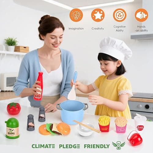 130Pcs Kitchen Playset, Toddler Pretend Cooking Play Pots, Pans, Utensils Cookware, Daily Food Fruit Veges, Shopping Storage Basket, Dessert, Prop Money, Learning Gift for Child (Blue) thumbnail 9