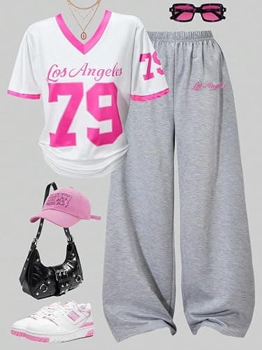 Floerns Girl's 2 Piece Outfit Number Print Short Sleeve T Shirts Wide Leg Pants Set thumbnail 5