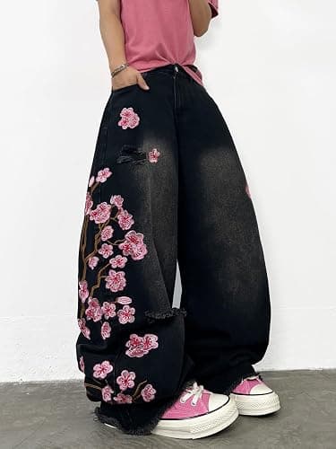 DFGIGT Men's Hip Hop Baggy Jeans Embroidered Wide Leg Skater Jeans Loose Fit Denim Pants Streetwear thumbnail 2