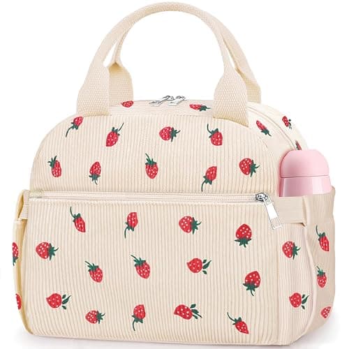 KUBYA Lunch Box for Women, Cute Strawberry Corduroy Insulated Lunch Bag Women Reusable Work Leakproof Simple Adults Large Lunch Boxes Tote Bag Men Cooler Bag - Image 1