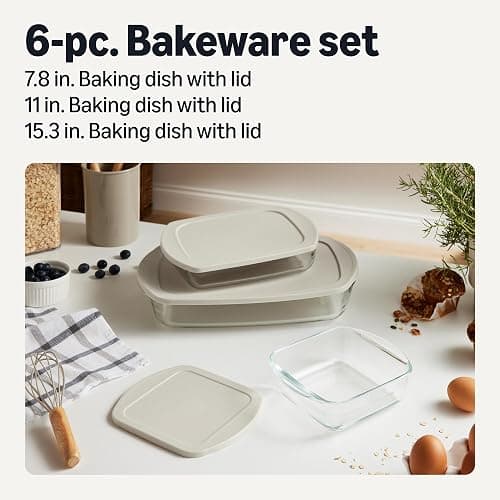 Amazon Basics Glass Baking Dishes with BPA-Free Lids, 6-Piece Set, Borosilicate Glass, Dishwasher and Oven-Safe, Linen Gray thumbnail 2