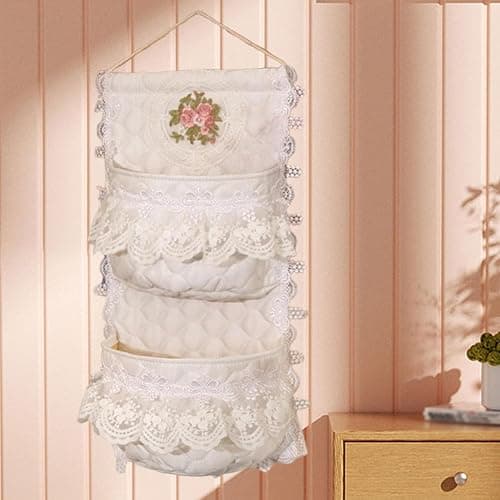 FewNvWa Wall Hanging Storage Bag Organizer Basket Pouch Holder with Quilted Cotton and Milk Lace Easy to Install and Space Saving Suitable for Bedroom Bathroo, 2 Pocket thumbnail 5