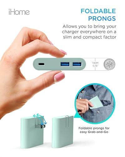 iHome 32W AC Pro Multi Port USB Wall Charger Block - Charging Station for Multiple Devices with 3 Ports (1 USB-C, 2 USB-A) - Fast Charging, Universal Compatibility (Mint) - Mint thumbnail 5