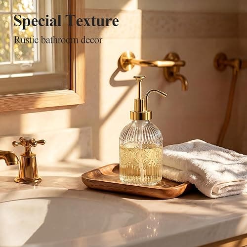SheeChung 12Oz Vintage Glass Bathroom Soap Dispenser, Kitchen Dish Soap Dispenser with Pump, Refillable Liquid Hand Soap Bottle, Lotion, Antique Rustic Farmhouse Decor (Clear-Gold Pump, 2 Pack) thumbnail 7
