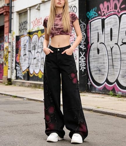 Y2K Baggy Ripped Jeans for Women – Wide Leg Butterfly Print & Star Patch Distressed Denim Pants High Waist Streetwear thumbnail 3
