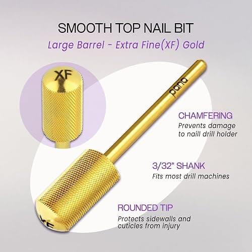 PANA 3/32" Large Smooth Round Top Safety Carbide Nail Drill Bit for Gel Polish & Acrylic Removal Nail Salon Manicure Pedicure Electric File Tools (Large Barrel - Gold, Extra Fine) - Extra Fine - Large Barrel - Gold thumbnail 2