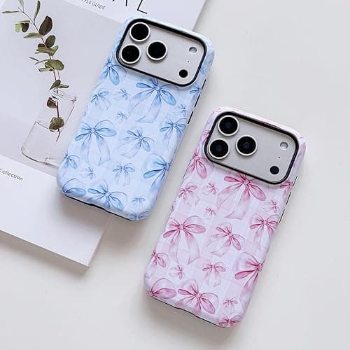 SZXYCZL Compatible with iPhone 17 Pro Max Case Phone Case, Aesthetic Kawaii Soft TPU Hard PC Protective Phone Cute Simple Checkered Bow Pattern for Women-Blue thumbnail 2