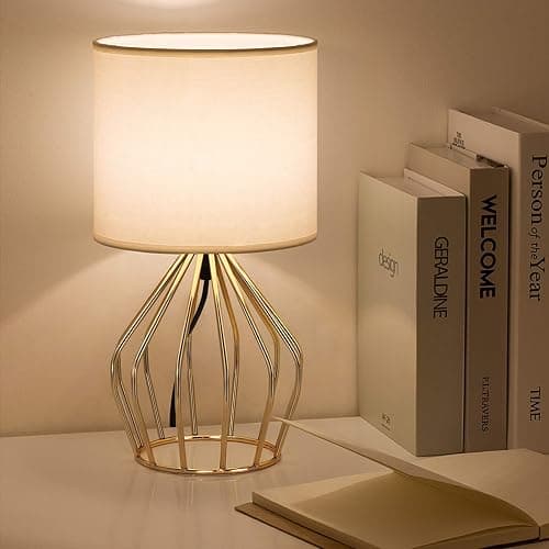 HAITRAL Gold Table Lamp - Modern Style Desk Lamp with Hollowed Out Base Linen Fabric Shade, Small Golden Bedside Lamp for Bedrooms, Living Room thumbnail 2